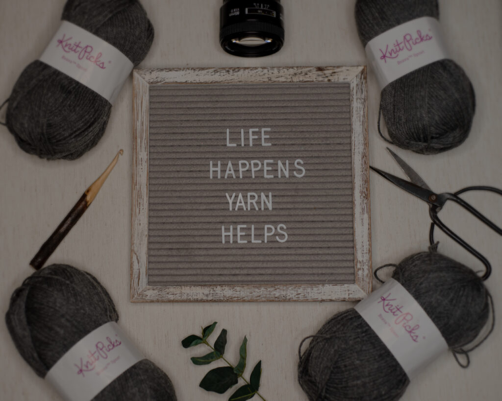 yarn, crochet hooks, scissors,